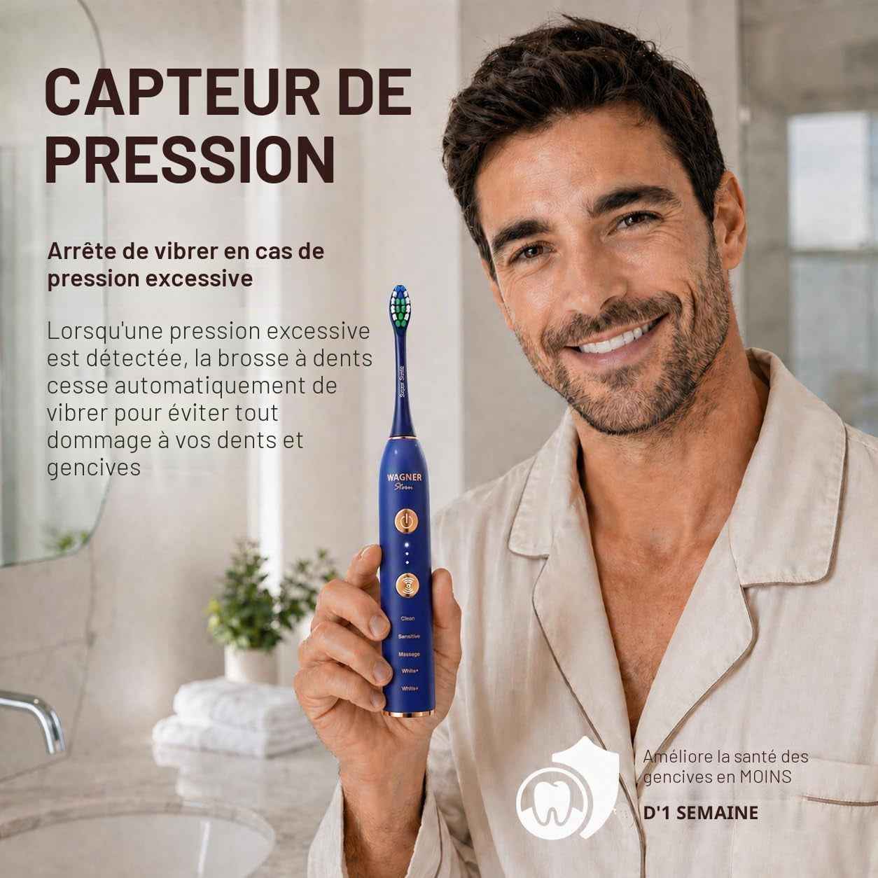 WHITEN+ – Brosse À Dents Électrique Avec Capteur De Pression, 5 Modes, 3 Intensités, 8 Têtes Souples, Moteur Puissant, Étui De Voyage Luxe Inclus (Marine)
