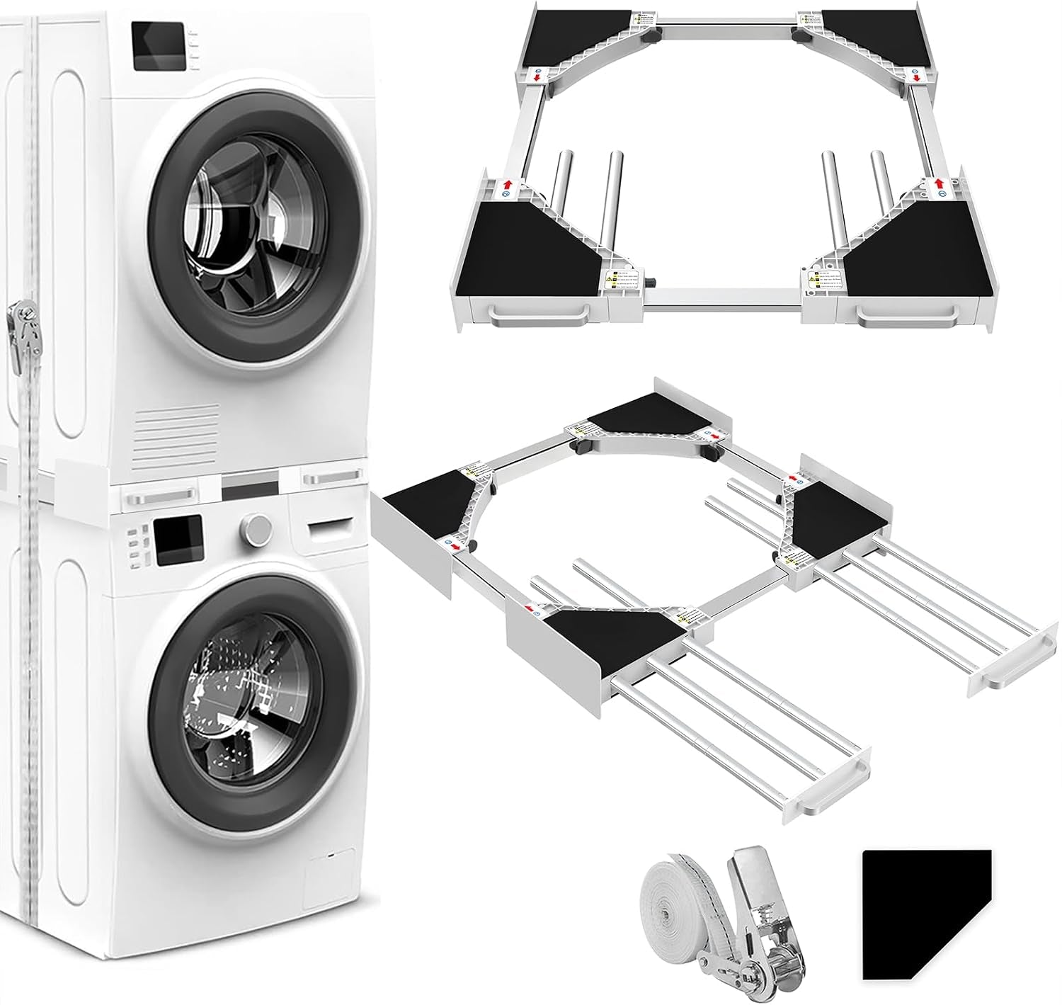 Kit De Superposition Universel, Avec 6 Tiges Télescopiques | Universel Cadre Intermédiaire Pour Lave-Linge Et Sèche-Linge Avec Corde À Cliquet, Taille Réglable（Largeur: 56-69Cm）