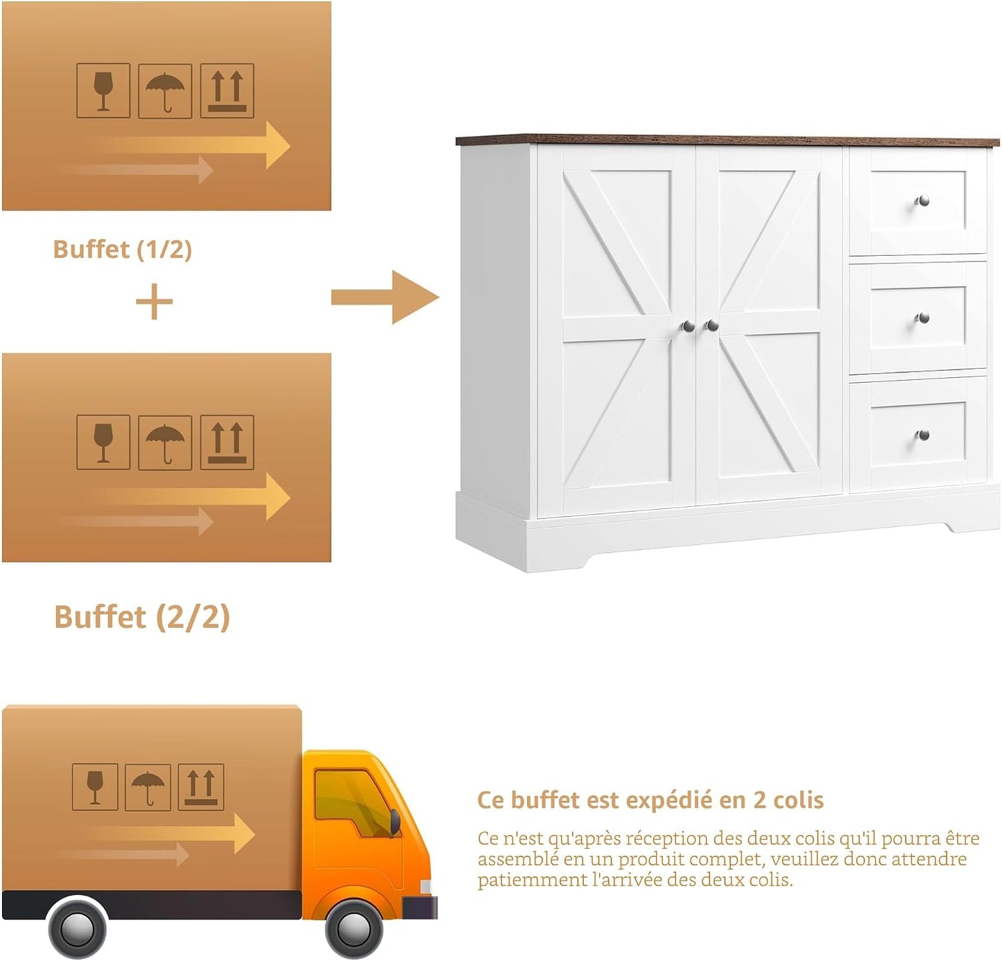Meuble De Rangement, Buffet Cuisine, Blanc Et Marron | 3 Tiroirs Et 2 Portes, Meuble Cuisine Placard Pour Cuisine, Salle À Manger, Salon
