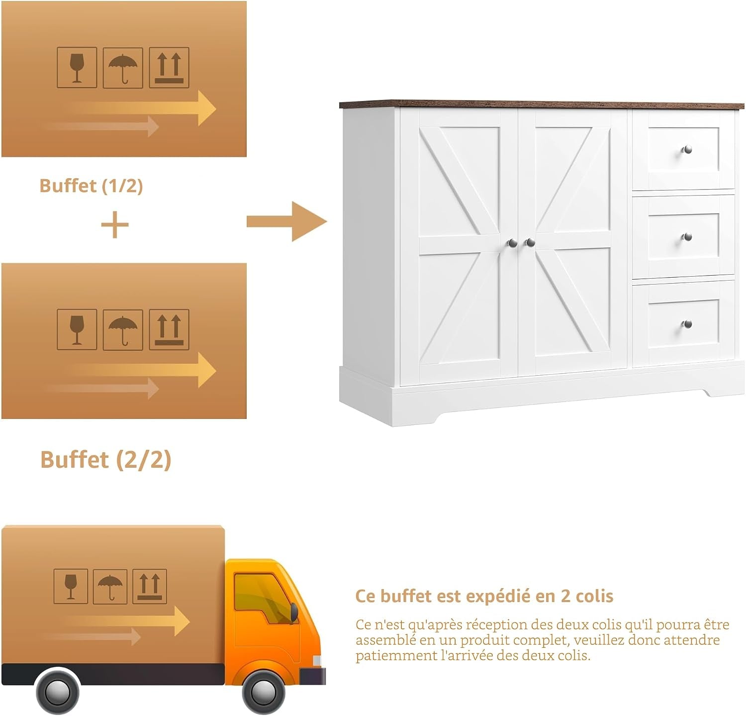 Meuble De Rangement, Buffet Cuisine, Blanc Et Marron | 3 Tiroirs Et 2 Portes, Meuble Cuisine Placard Pour Cuisine, Salle À Manger, Salon