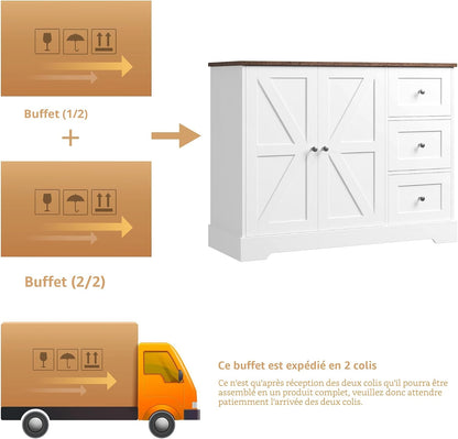 Meuble De Rangement, Buffet Cuisine, Blanc Et Marron | 3 Tiroirs Et 2 Portes, Meuble Cuisine Placard Pour Cuisine, Salle À Manger, Salon