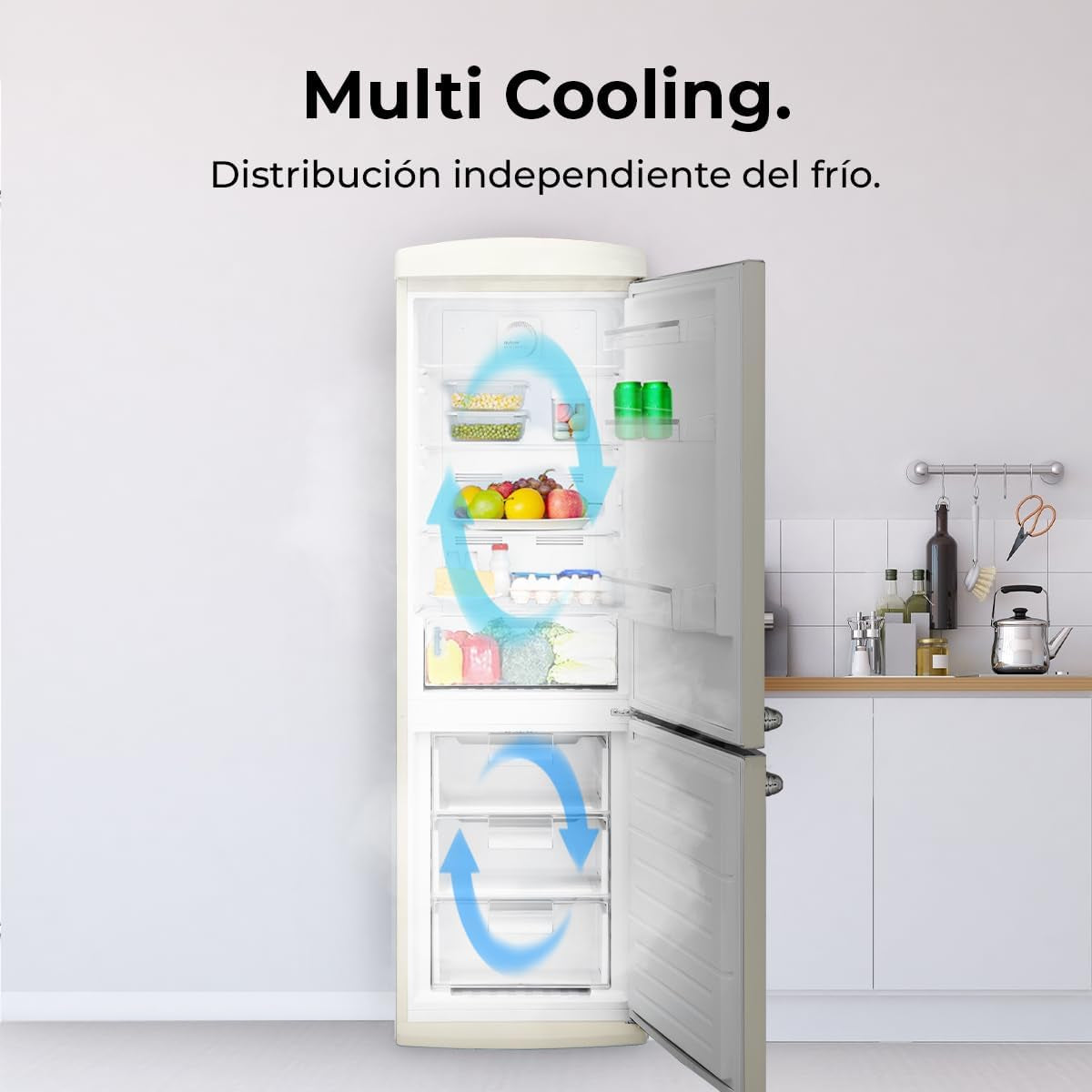 Réfrigérateur Combiné Rétro À Deux Portes 294 L Bolero Coolmarket Combi Origin 294 Beige. Hauteur 190 Cm Et Largeur 60 Cm, No Frost Total, Refroidissement Multiple, Ultra Fresh