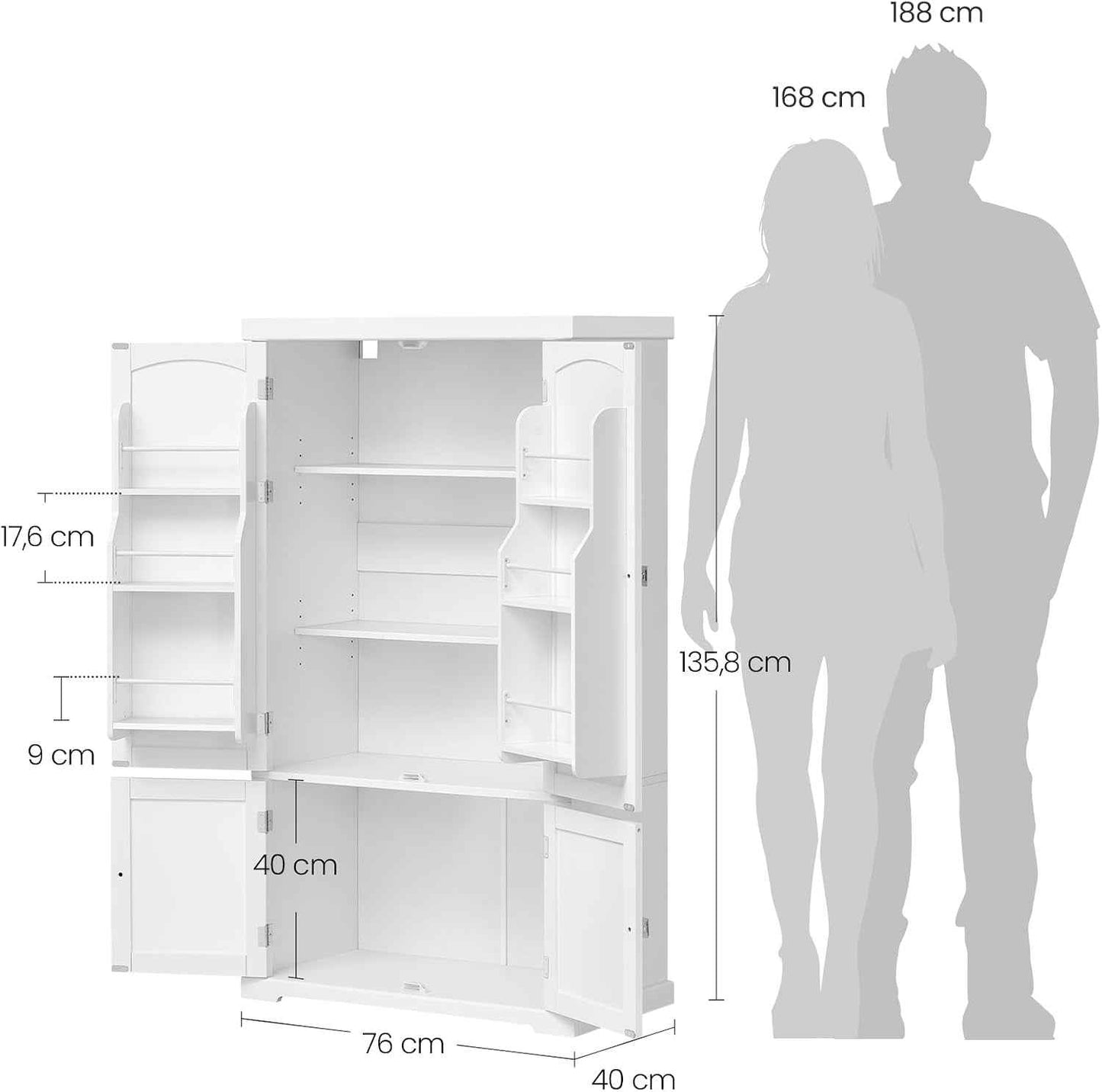 Buffet Haut Cuisine, Meuble De Rangement, Armoire, Vaisselier, 40 X 76 X 135,8 Cm, Grand Espace, 2 Planches Réglables, 6 Étagères De Porte, Pour Salon, Cuisine, Blanc BBC671HW01