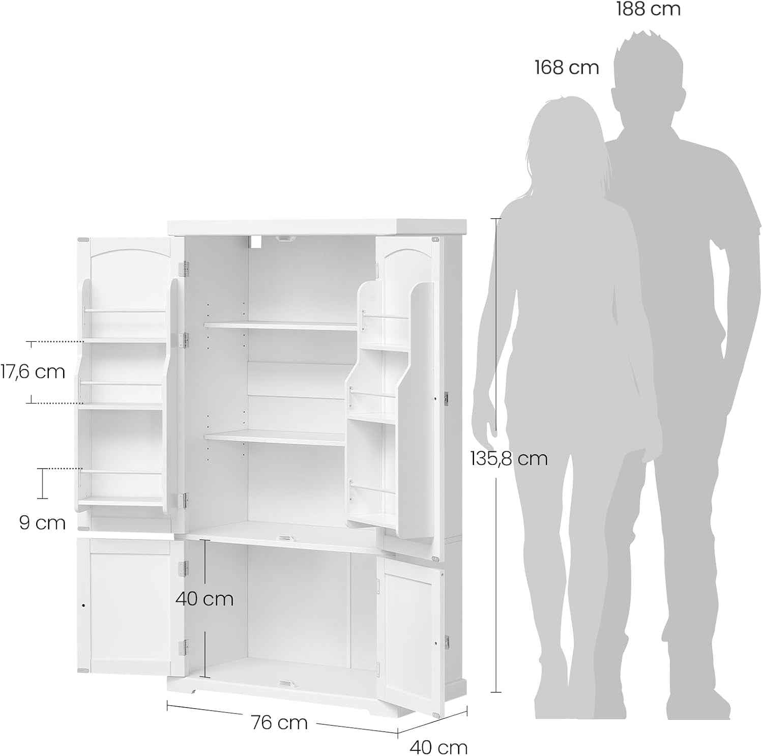 Buffet Haut Cuisine, Meuble De Rangement, Armoire, Vaisselier, 40 X 76 X 135,8 Cm, Grand Espace, 2 Planches Réglables, 6 Étagères De Porte, Pour Salon, Cuisine, Blanc BBC671HW01