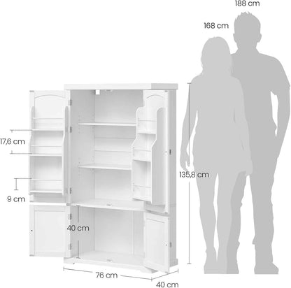 Buffet Haut Cuisine, Meuble De Rangement, Armoire, Vaisselier, 40 X 76 X 135,8 Cm, Grand Espace, 2 Planches Réglables, 6 Étagères De Porte, Pour Salon, Cuisine, Blanc BBC671HW01
