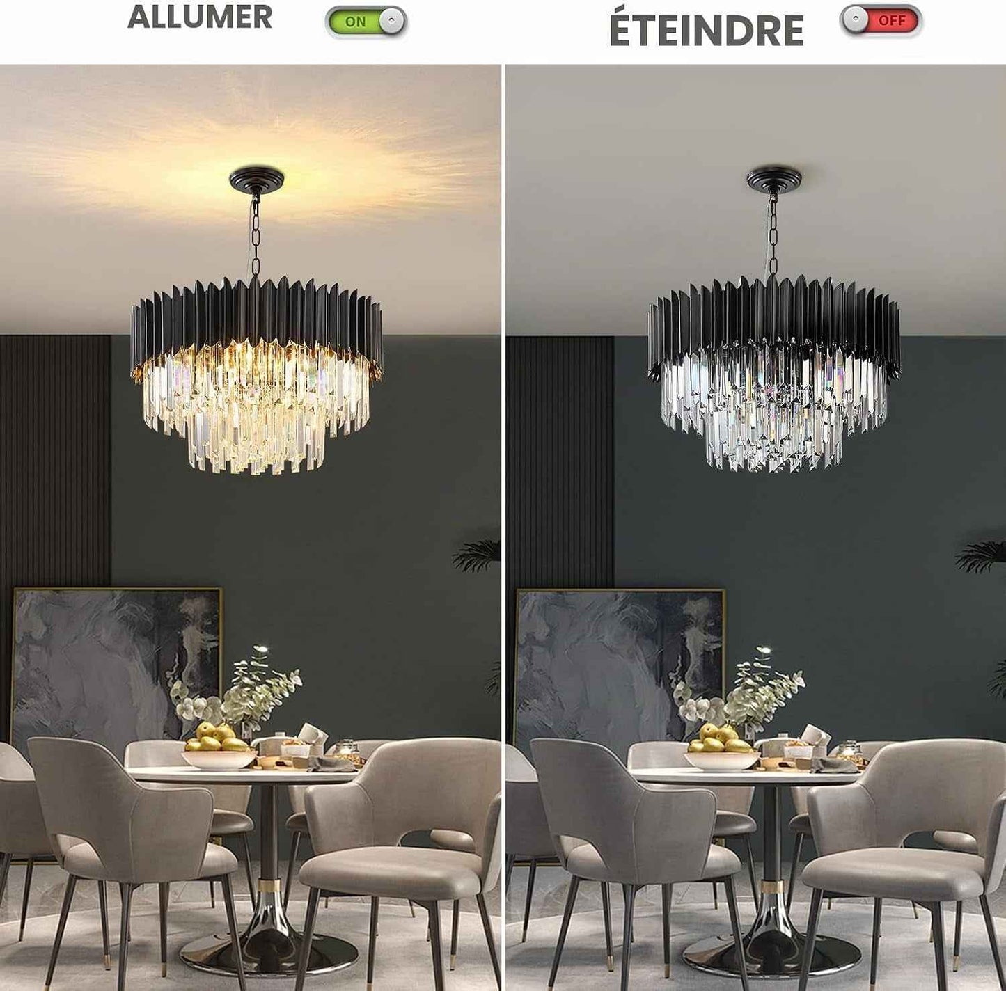Moderne Lumière En Cristal De Luxe Suspendue, Lustre En Cristal Noir, 8Xe14 Raindrop Lustre Lumière Plafonnier Encastré Pour Salle À Manger, Φ60Cm
