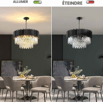 Moderne Lumière En Cristal De Luxe Suspendue, Lustre En Cristal Noir, 8Xe14 Raindrop Lustre Lumière Plafonnier Encastré Pour Salle À Manger, Φ60Cm