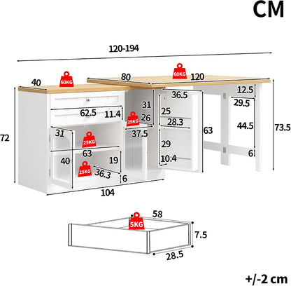 Îlot Central Cuisine Extensible 120-194 Cm Avec Plateau Pivotant 360°, Meuble De Cuisine Avec Portes En Verre Et Rangements, Blanc