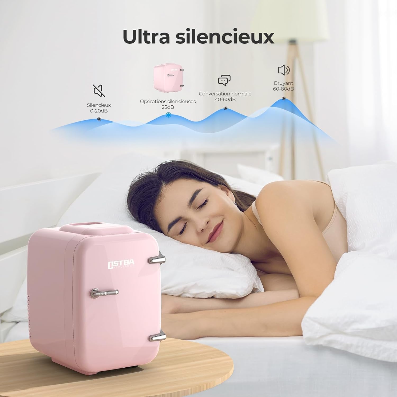 OSTBA APPLIANCE Mini Frigo Portable, 4 Litres /6 Boîtes Boissons & Soin De La Peau Mini Petit Frigo Pour Chambre, Voiture, Bureau, Deux Vitesses - Refroidisseur Et Réchauffeur (Rose)