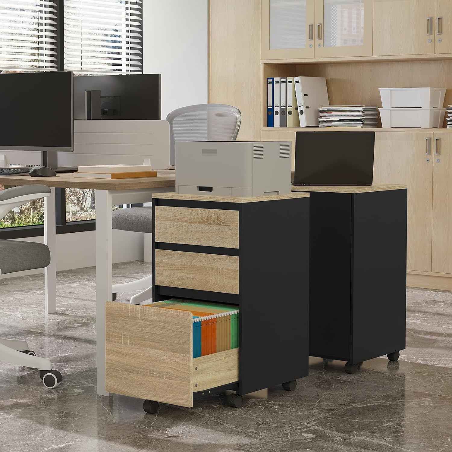 Caisson Bureau Mobile, Documents Avec 3 Tiroirs, Chêne Clair Et Noir | Sur Roulettes Meuble Rangement, 40X40X71.5Cm