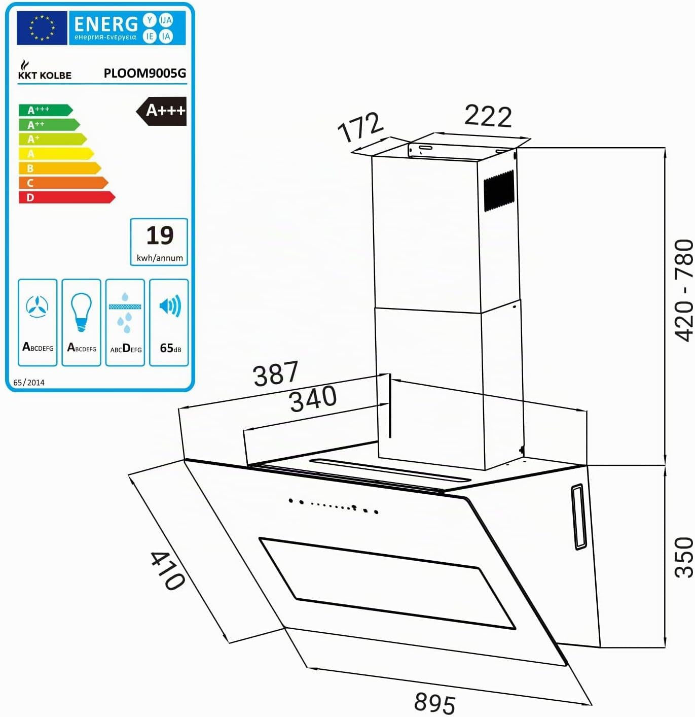 Hotte Murale Inclinée 90 Cm A+++ 782 M³/H Évacuation/Recyclage | Verre Gris Mat | Fonction Arrêt Différé | Smart Wifi App WLAN | Commandes Sensortouch | Éclairage LED RGBW | PLOOM9005G