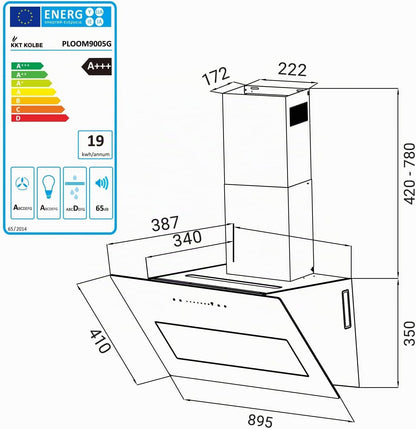 Hotte Murale Inclinée 90 Cm A+++ 782 M³/H Évacuation/Recyclage | Verre Gris Mat | Fonction Arrêt Différé | Smart Wifi App WLAN | Commandes Sensortouch | Éclairage LED RGBW | PLOOM9005G