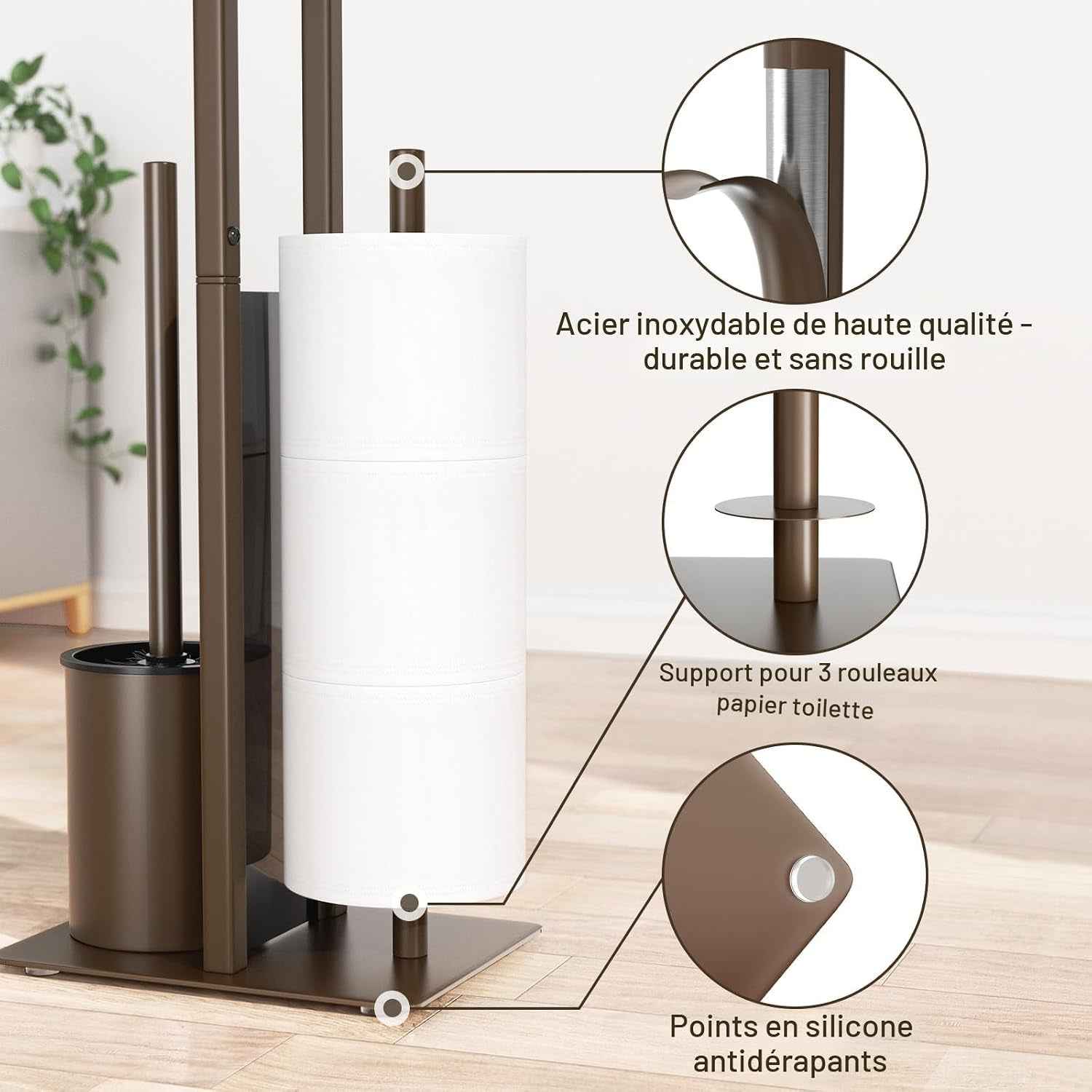 Porte-Papier Toilette En Acier Inoxydable Avec Brosse WC Et Étagère - Support Debout