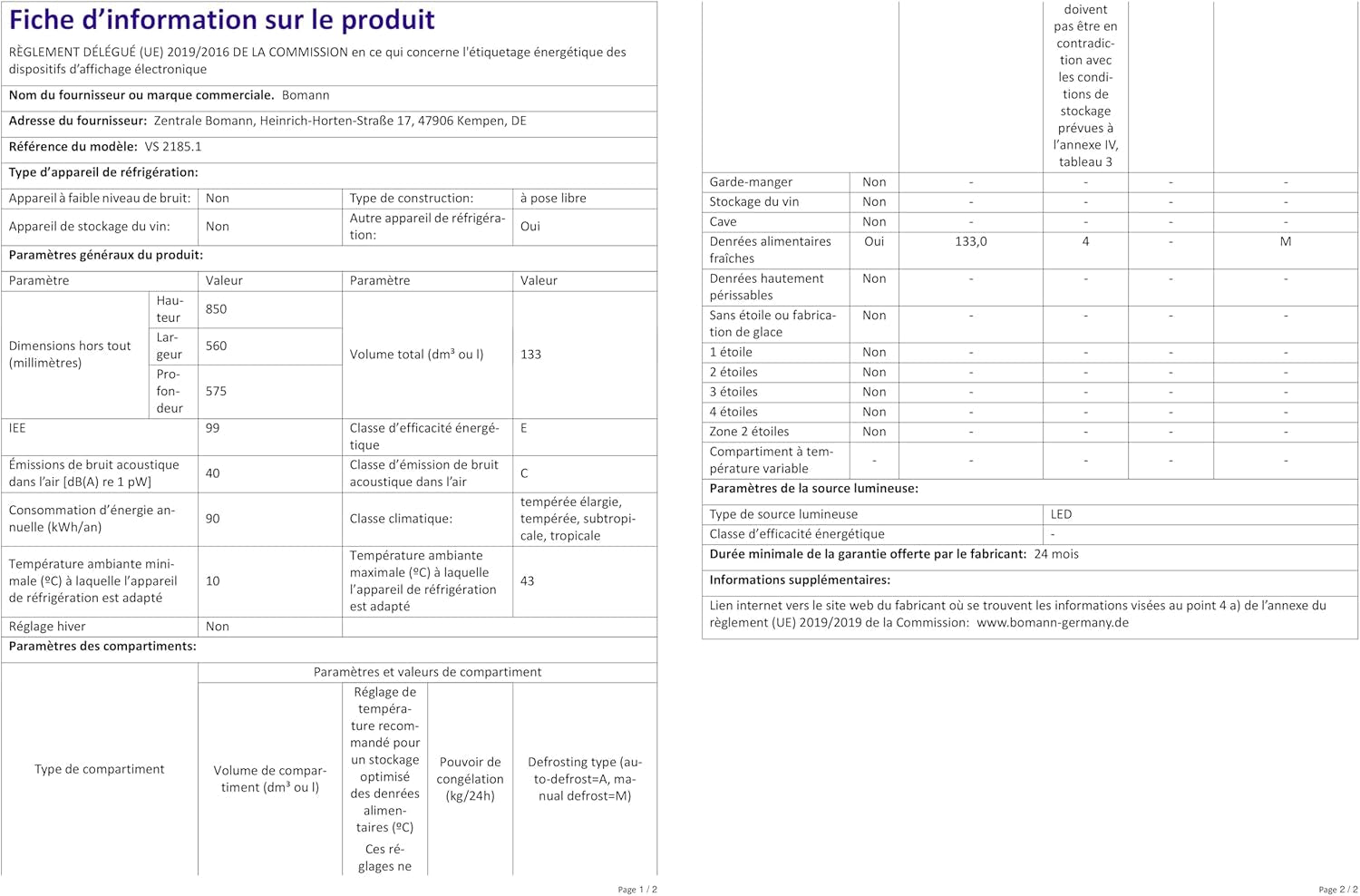 Bomann Réfrigérateur 133L Blanc Vs2185-1-Blanc, Capacité Nette : 133 Litres, Éclairage Intérieur À DEL, Contrôle De La Température En Continu, 3 Clayettes En Verre