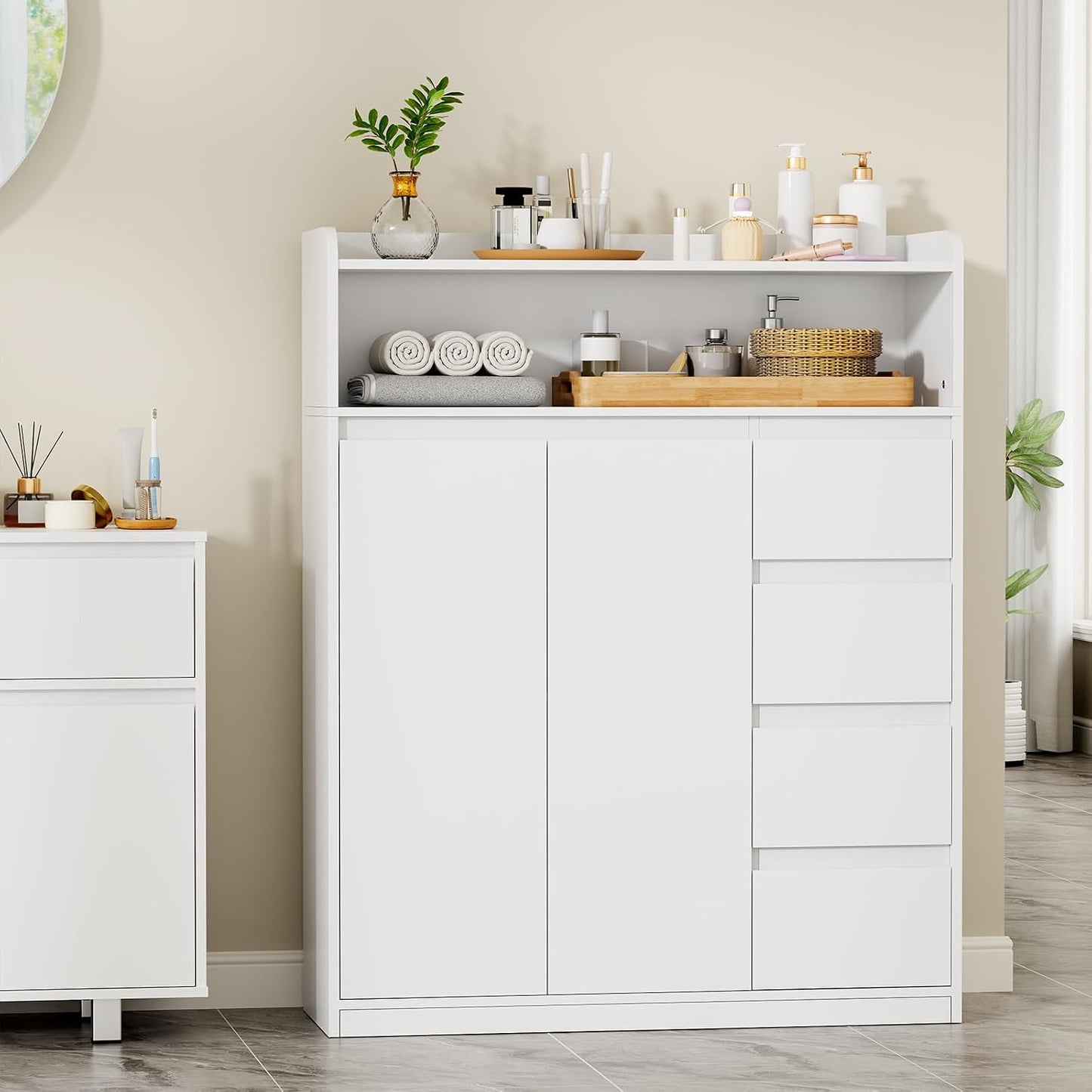Meuble Salle De Bain, Armoire Sur Pied Haute Niveaux 110X80X30Cm | Meuble De Rangement Avec Étagère Réglable À 4 Tiroirs, 2 Portes, Commode, Pour Salon, Salle De Bain, Blanc SBC015W