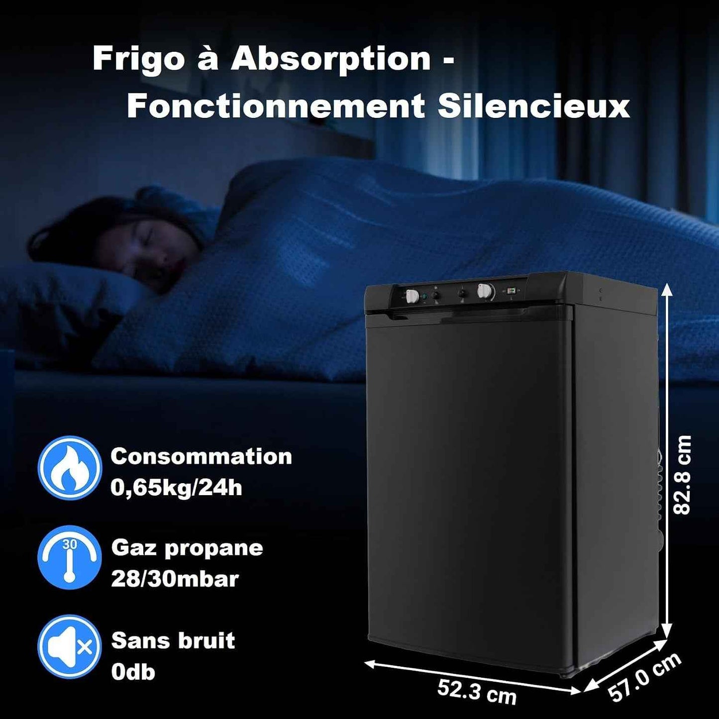 Frigo Trimixte 12V 220V Gaz, 100L, Frigo Gaz Avec Congélateur Pour Camping Car, Caravane, Maison, Mobile-Home, Chalet, Cabanon, Noir