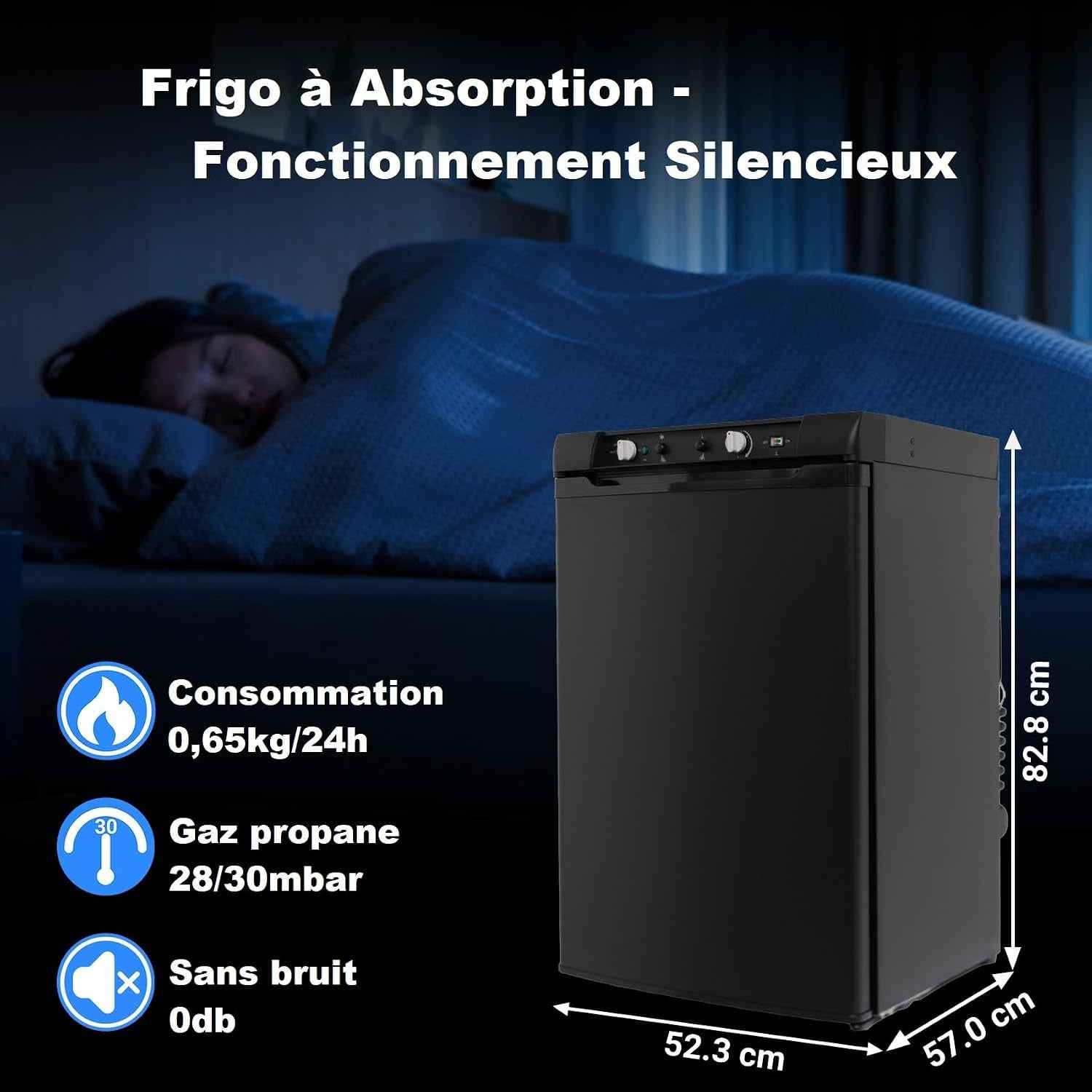 Frigo Trimixte 12V 220V Gaz, 100L, Frigo Gaz Avec Congélateur Pour Camping Car, Caravane, Maison, Mobile-Home, Chalet, Cabanon, Noir