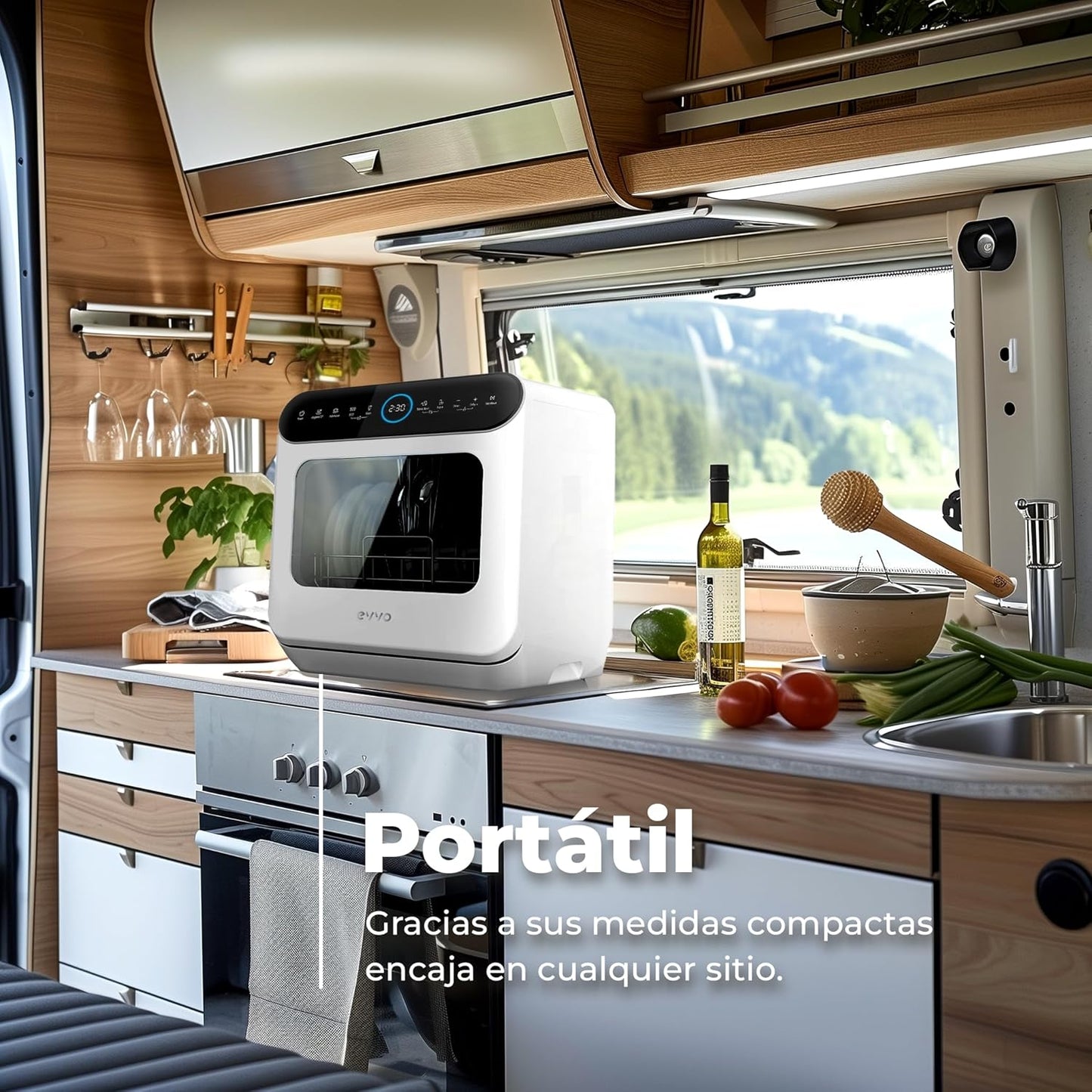 EVVO Lave-Vaisselle Petit, Taille Compacte Et Sans Installation, Pour Bureau Ou Comptoir, 2 Services, 6 Pogrammes, Séchage Supplémentaire, Programme ECO, Programme Automatique, Programmable, Mini D