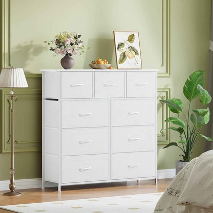Commode De Rangement Pour Chambre À 9 Tiroirs En Tissu, Blanc | Meuble De Rangement Chambre 30P X 100L X 99H, Cadre En Acier Robuste, Dessus Étanche, Salon, Couloir, Entrée