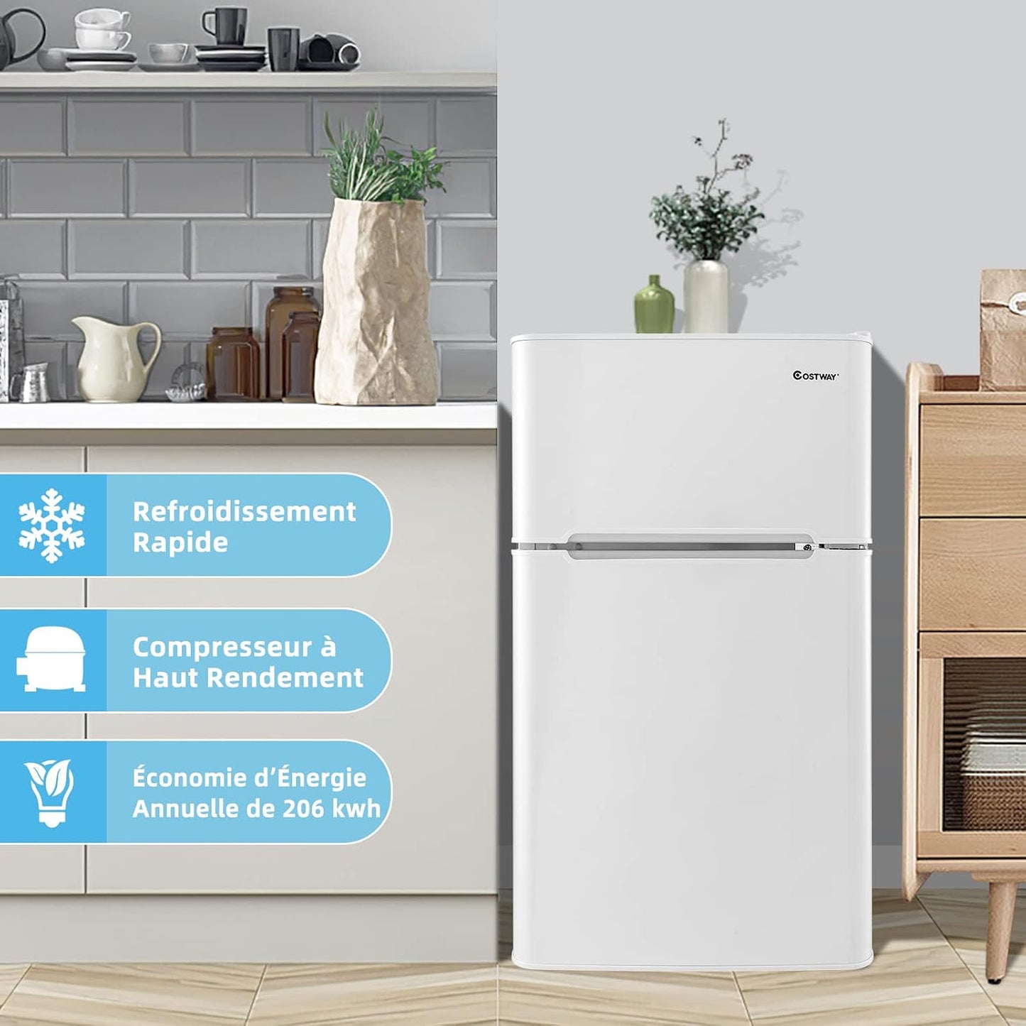 Réfrigérateur À Double Porte 90 L, Réfrigération Rapide, Économie D'Énergie, Réfrigérateur En Métal Avec 7 Niveaux De Température, 48,5 X 49,5 X 86 Cm (Blanc)