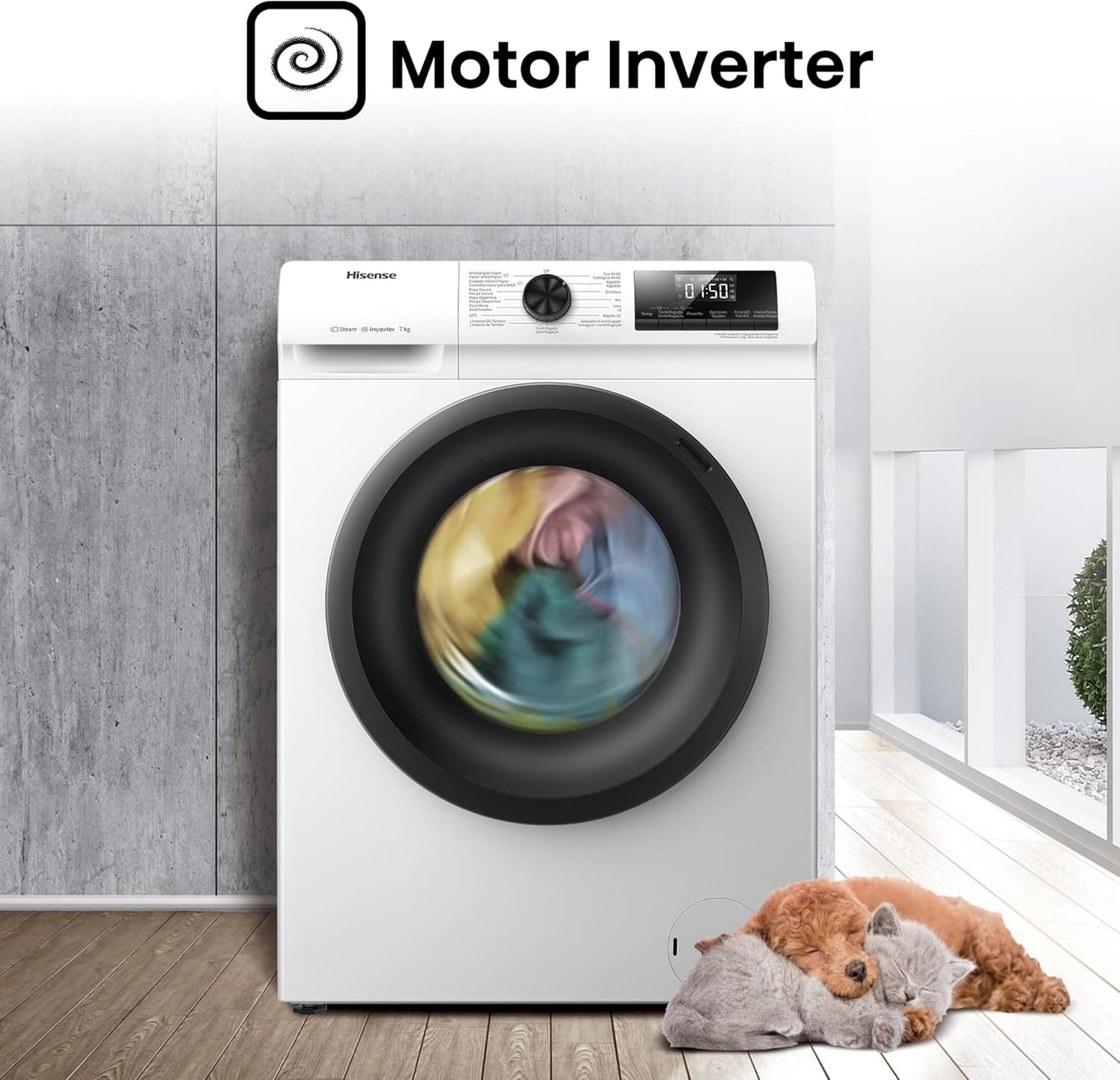 Hisense WFQP7012EVM - Machine À Laver À Vapeur Efficace, Moteur Inverter, Charge Frontale 7 Kg, 1200 Tr/Min, 15 Programmes, Contrôle De Balancement Intelligent Du Tambour, Affichage LED, Programme