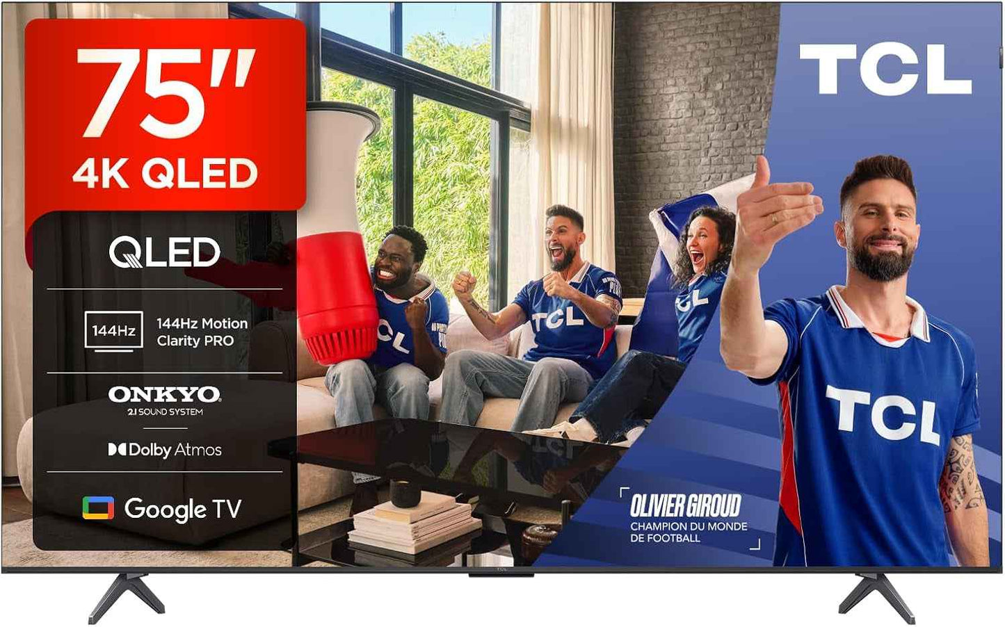 TCL 75T8C 75" QLED 4K HDR Ultra HD TV, Smart TV Powered by Google TV (Dolby Vision & Atmos, 144Hz Motion Clarity Pro, Freesync, Onkyo 2.1 Sound, Voice Control)