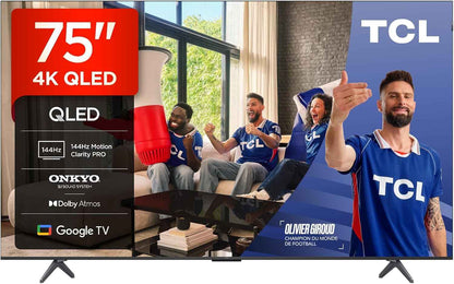 TCL 75T8C 75" QLED 4K HDR Ultra HD TV, Smart TV Powered by Google TV (Dolby Vision & Atmos, 144Hz Motion Clarity Pro, Freesync, Onkyo 2.1 Sound, Voice Control)