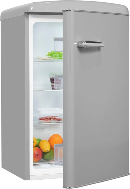 Exquisit Réfrigérateur Rétro RKS120-V-H-160F Gris | Support | Volume 122 L | Gris | Étagère En Verre Et Compartiment À Légumes | Lumière LED | Style Rétro | Roulettes Arrière