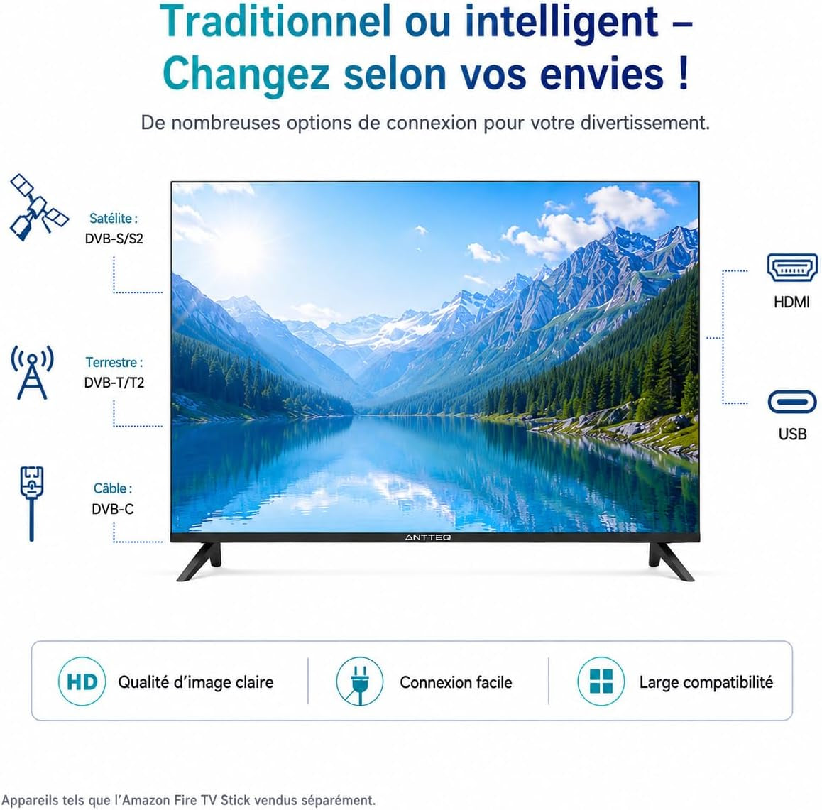 E32-AH1Q1L TV 32 Pouces Télévision 80Cm LED HD Ready, Sans Lunette, Avec Triple Tuner (DVB-T/T2-C-S/S2), HDMI, Usb-Media Player, Dolby Audio, Essential Series