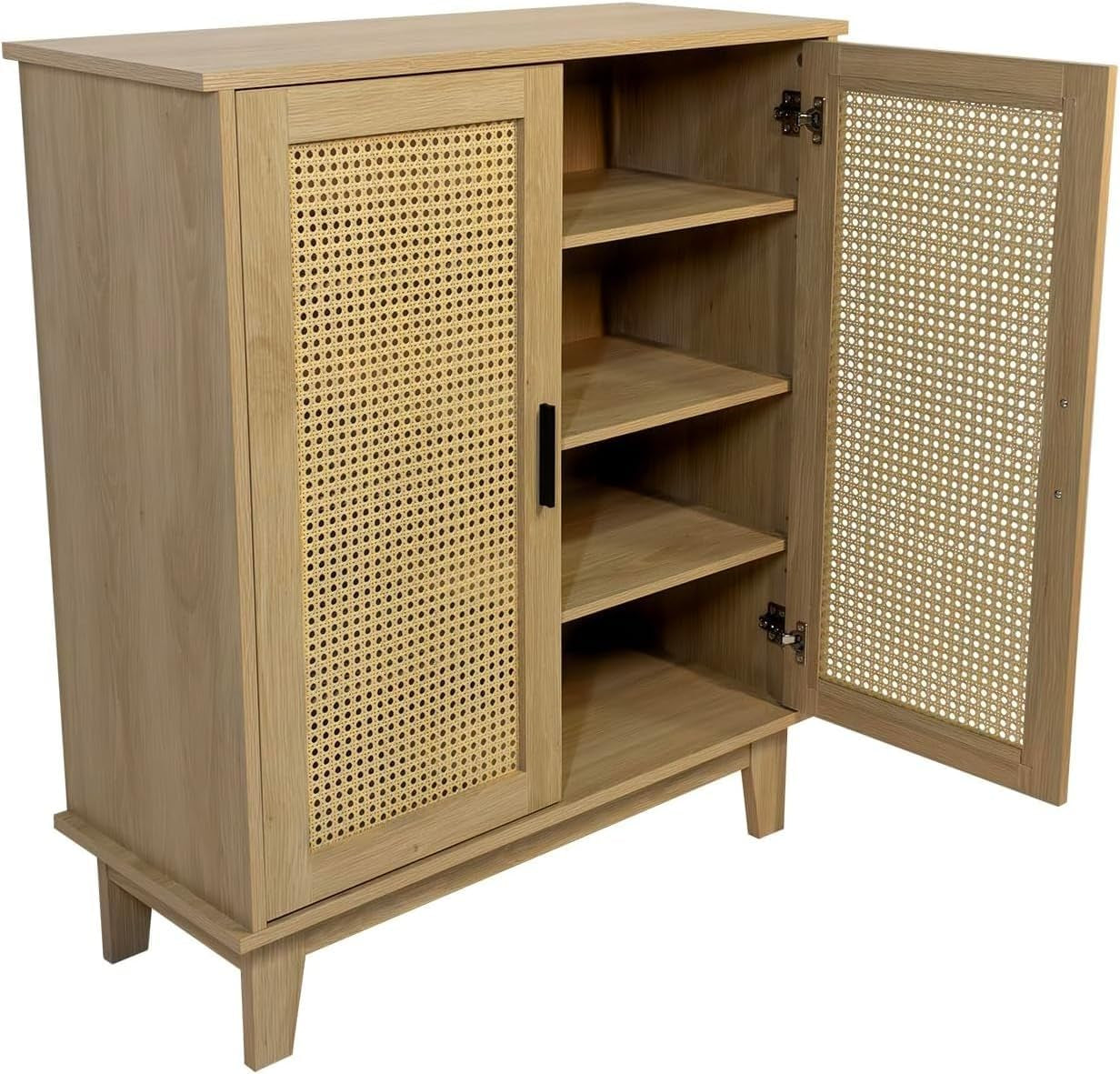 - Buffet - 80 X 34 X 96Cm - Cannage, Bois - 2 Portes - Rangement Élégant Et Pratique - Salon, Salle À Manger, Cuisine - Style Naturel Et Bohème