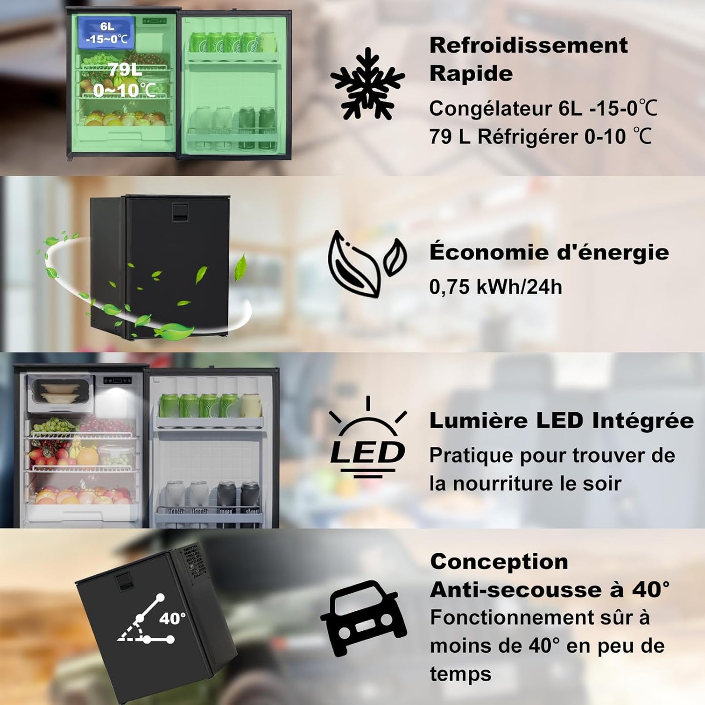 Frigo Compression 12V, 85L Avec Congélateur, Frigo Camping Car, Frigo 12V, Frigo Camion 24V, Réfrigérateur Pour Voiture Caravane Van Aménagé Fourgon Bateau, -15 À 10 ℃, Noir