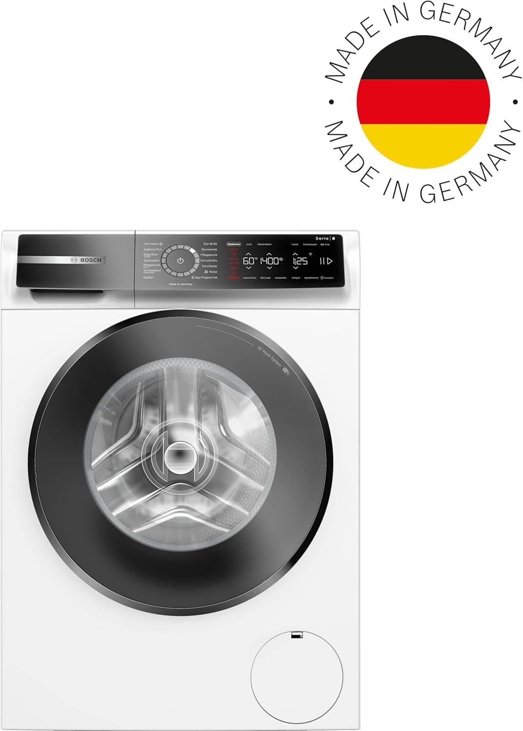 WGB244040 Série 8 Machine À Laver Intelligente, 1 À 9 Kg, 1400 Tr/Min, Fabriquée En Allemagne, Active Water Plus, Économie D'Énergie Et D'Eau, Vapeur Iron Assist Pour Défroisser, Mini Charge,