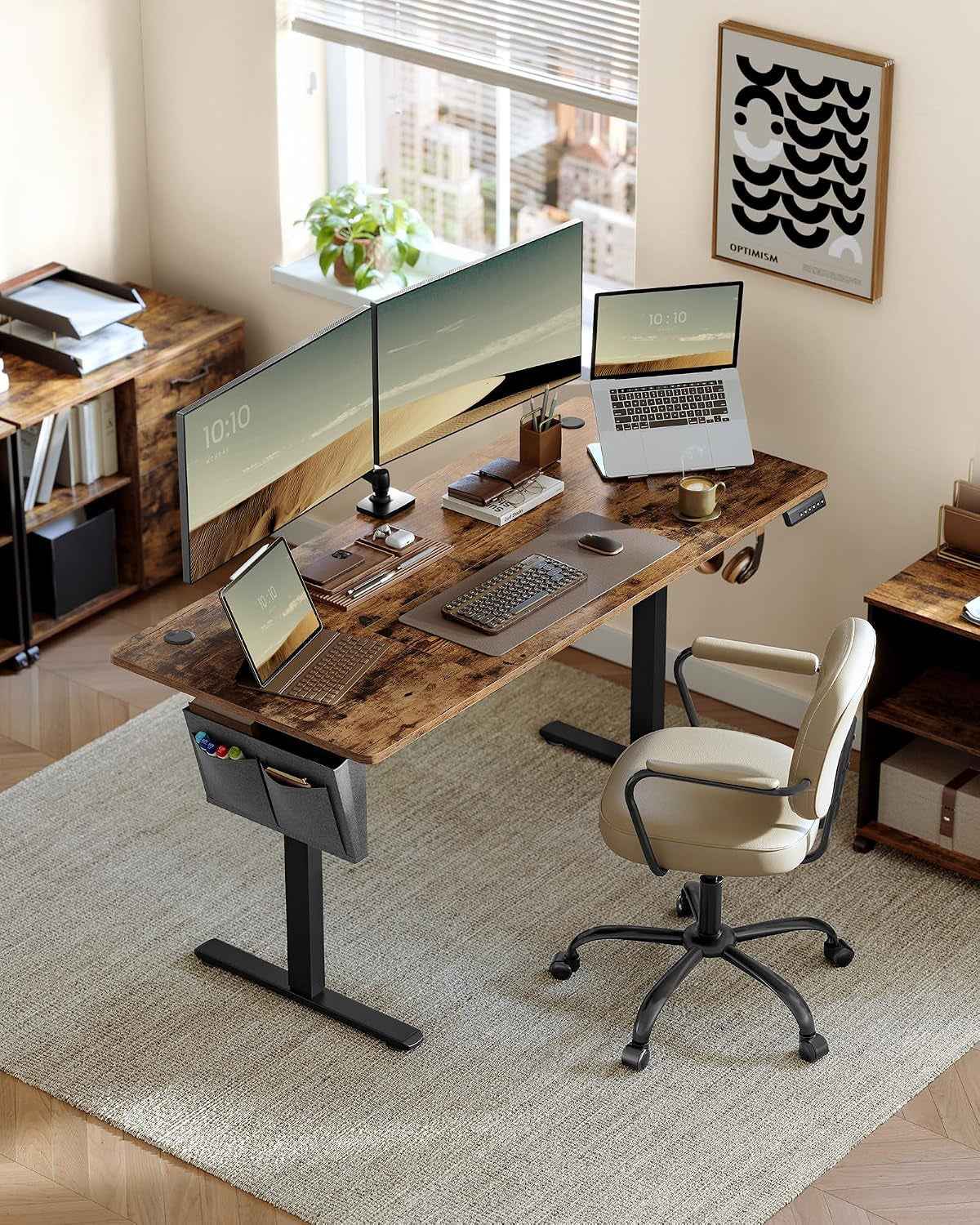 Bureau Électrique Réglable En Hauteur, 160 X 70 Cm, Table Assis-Debout, Fonction Mémoire 4 Hauteurs, Pour Bureau, Télétravail, Marron Rustique Et Noir D'Encre LSD136K01