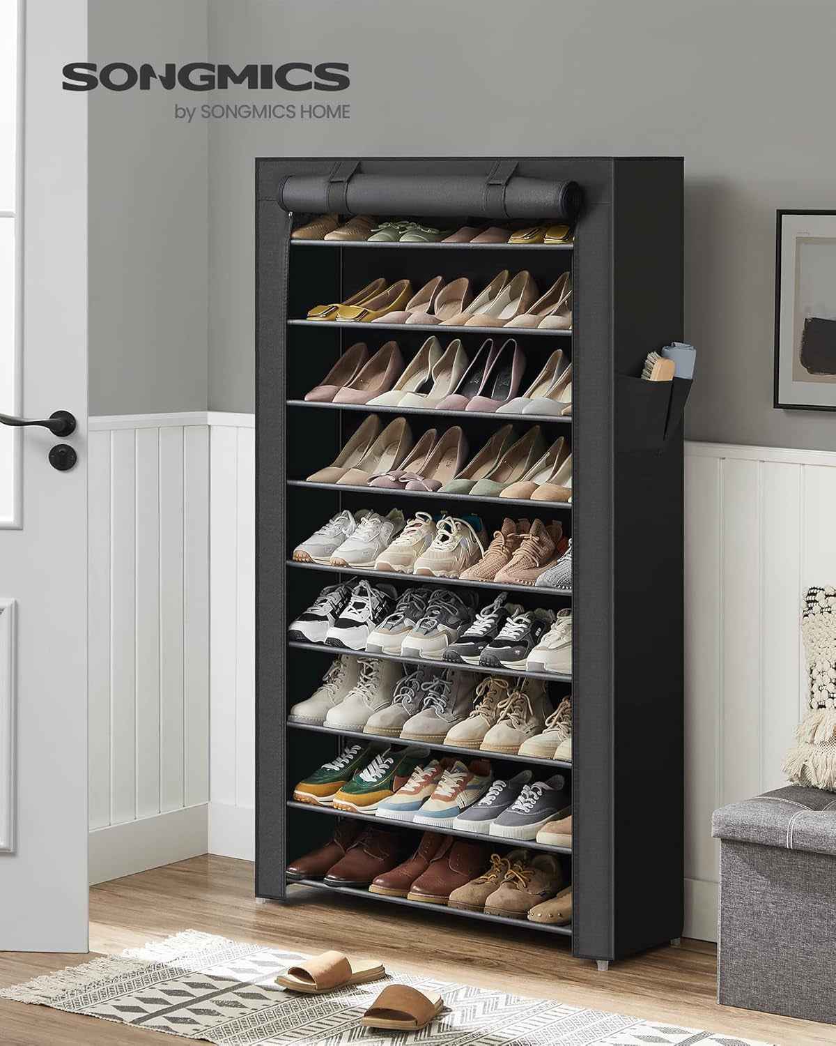 Étagère À Chaussures En Tissu À 10 Niveaux, Meuble De Rangement 28 X 88 X 160 Cm, Avec Housse De Protection, Chaussures De Sport, Talons Hauts, Pantoufles, Cadre En Métal, Noir RXJ36H