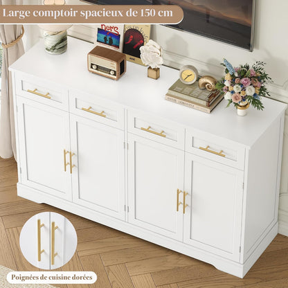 Buffet Cuisine, 150 Cm Meuble Cuisine Avec 4 Tiroirs 4 Portes, Blanc | Buffet Salle a Manger Avec Poignées Dorées, Meuble De Rangement Pour Salon, Cuisine, Couloir, 150×40×92 Cm