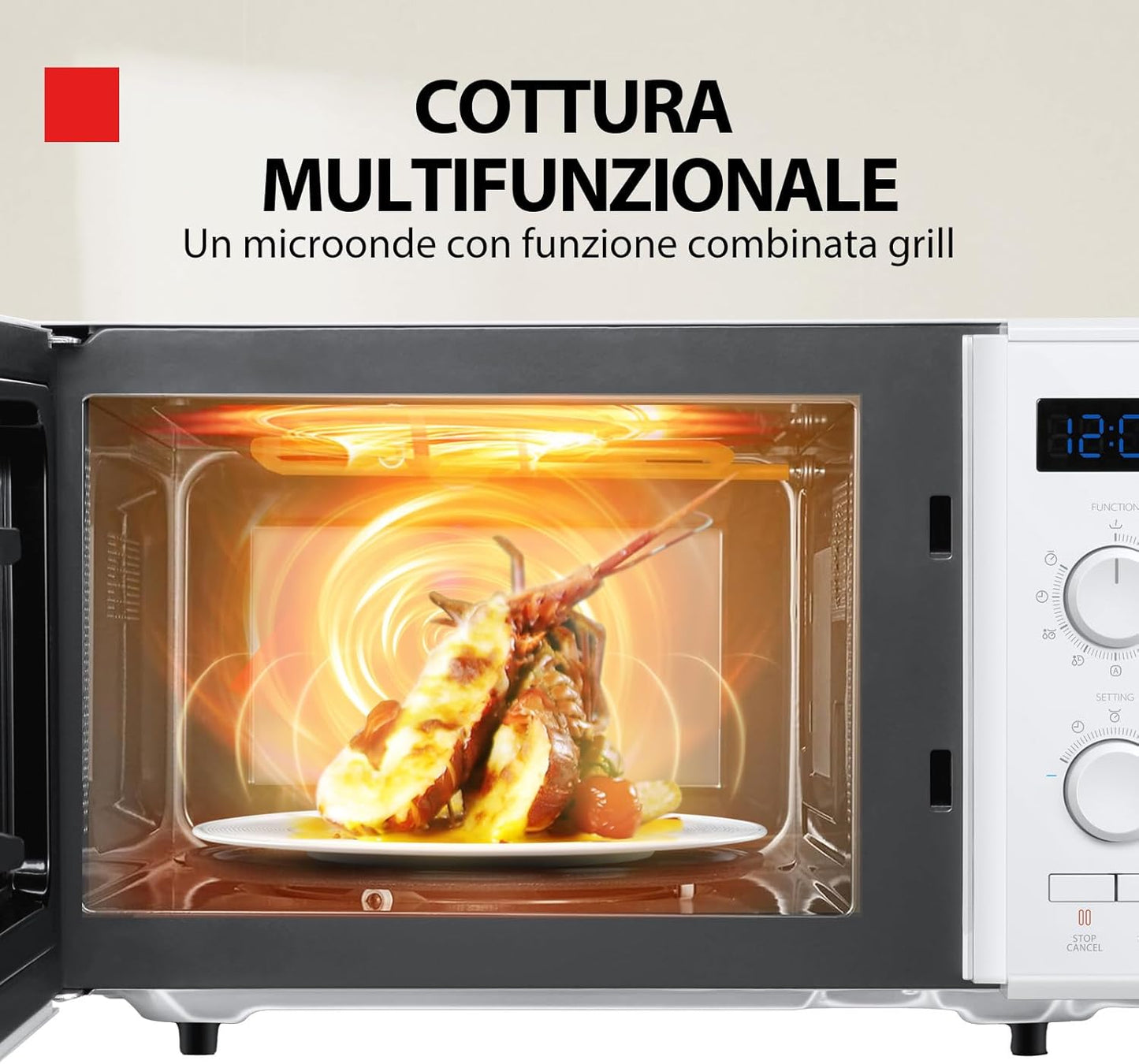MW2-AG23P(WH) 3-En-1 Four À Micro-Ondes Avec Gril 1050 W Et Cuisson Combinée, 23 L, Plaque Tournante Avec Mémoire De Position, Minuteur, Lumières LED Intégrées, 900 W, Blanc