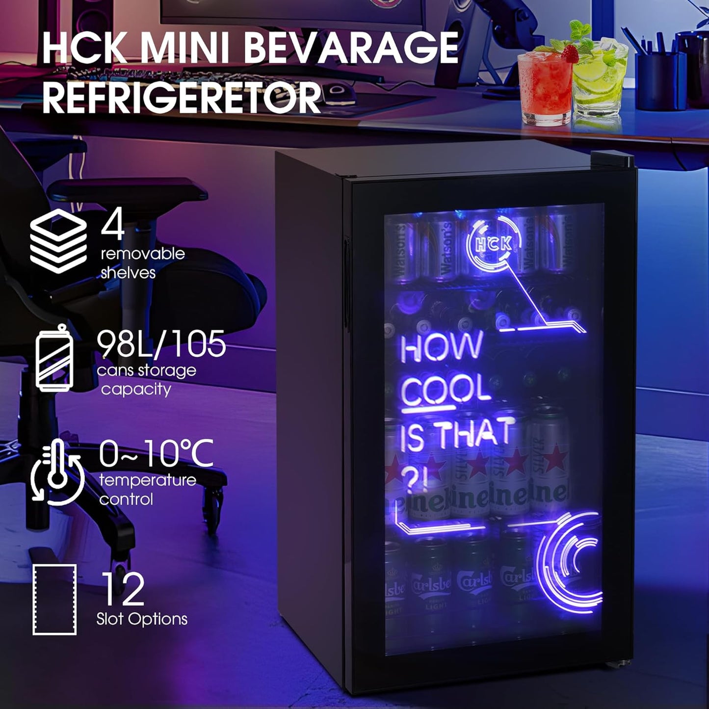 Réfrigérateur Pour Boissons, Mini Frigo Avec Éclairage Moderne Cyberpunk, 98L Petit Frigo Silencieux De 0-10°C, Mini Bar Intérieur, Pour Salle De Jeux, Fête, Noir.