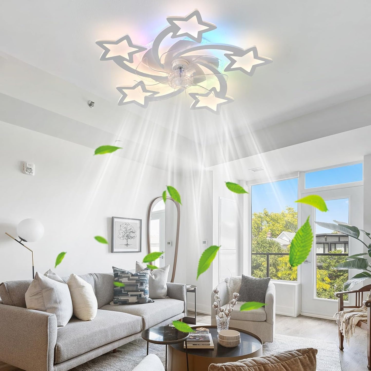 Lampe Ventilateur Plafond Silencieux Reversible Ventilateur Plafond Avec Telecommande Star RGB Suspension Luminaire LED Dimmable 6 Vitesses Dc-Motor Plafonnier Ventilateur Design