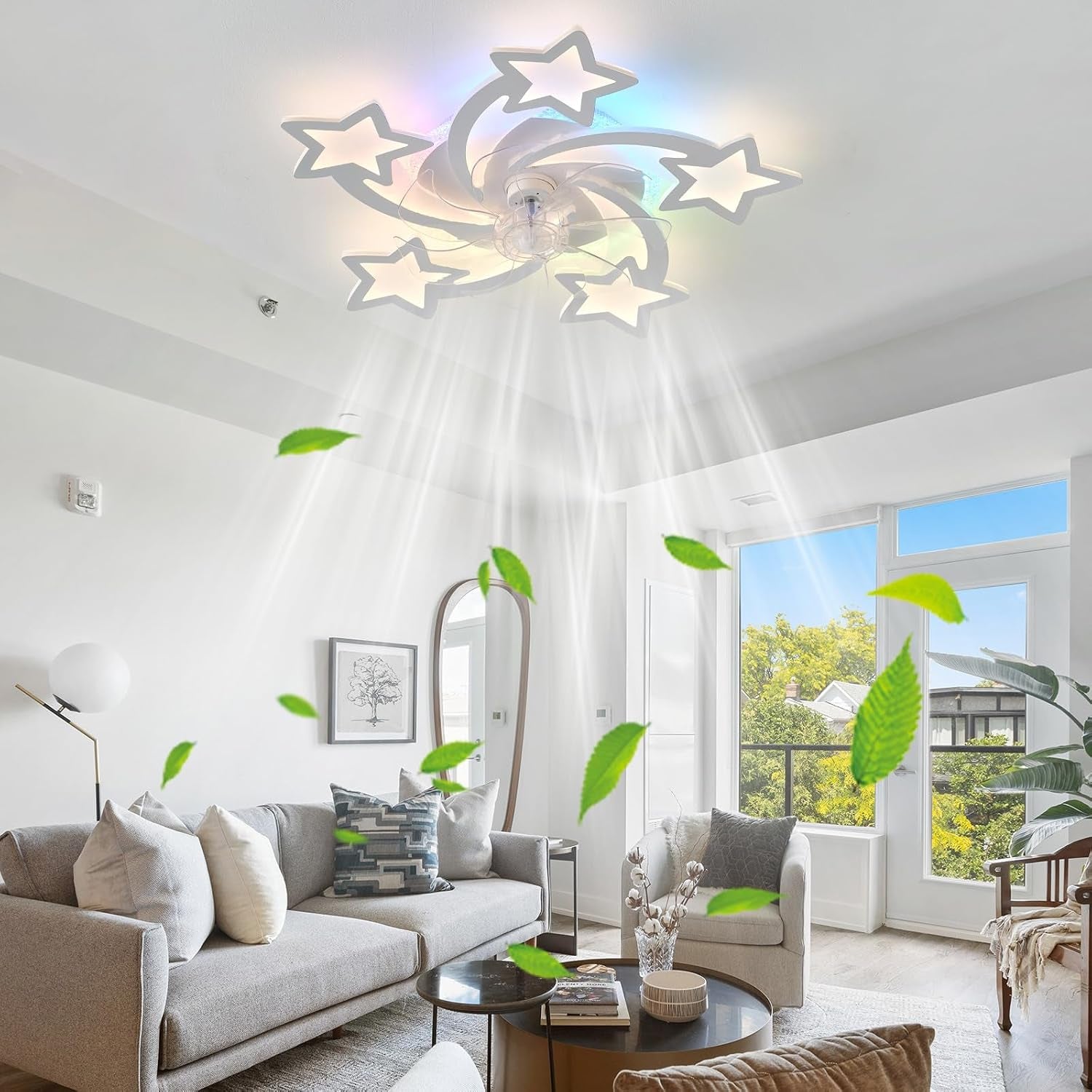 Lampe Ventilateur Plafond Silencieux Reversible Ventilateur Plafond Avec Telecommande Star RGB Suspension Luminaire LED Dimmable 6 Vitesses Dc-Motor Plafonnier Ventilateur Design