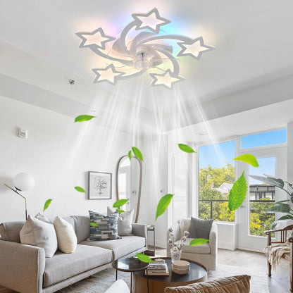 Lampe Ventilateur Plafond Silencieux Reversible Ventilateur Plafond Avec Telecommande Star RGB Suspension Luminaire LED Dimmable 6 Vitesses Dc-Motor Plafonnier Ventilateur Design