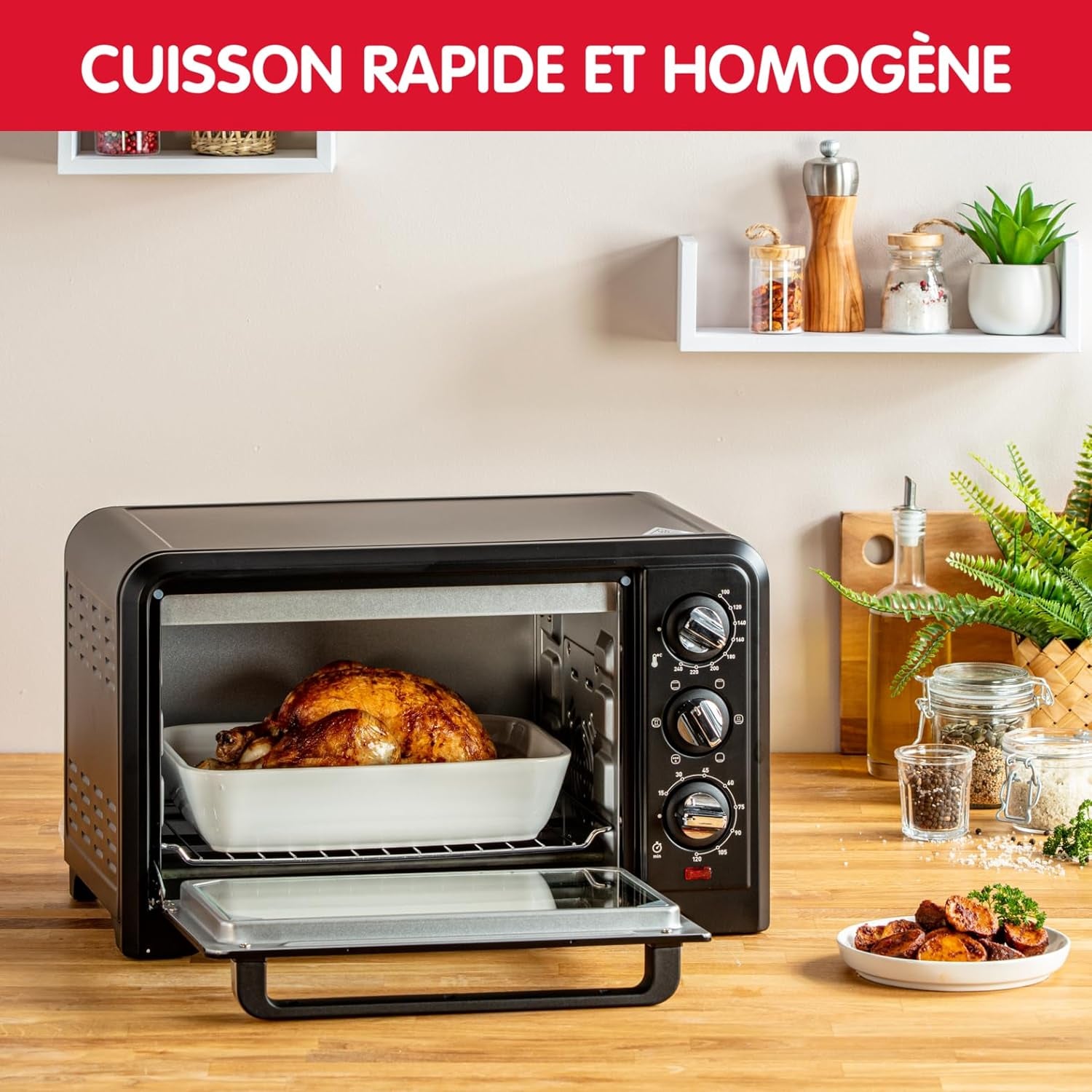 Four Électrique Posable 19 L, Compact, Chaleur Tournante, 6 Modes De Cuisson, Thermostat Réglable Jusqu’À 240°C, Minuteur 120 Min, Grille Réversible, Lèche Frites, Optimo Noir OX444810