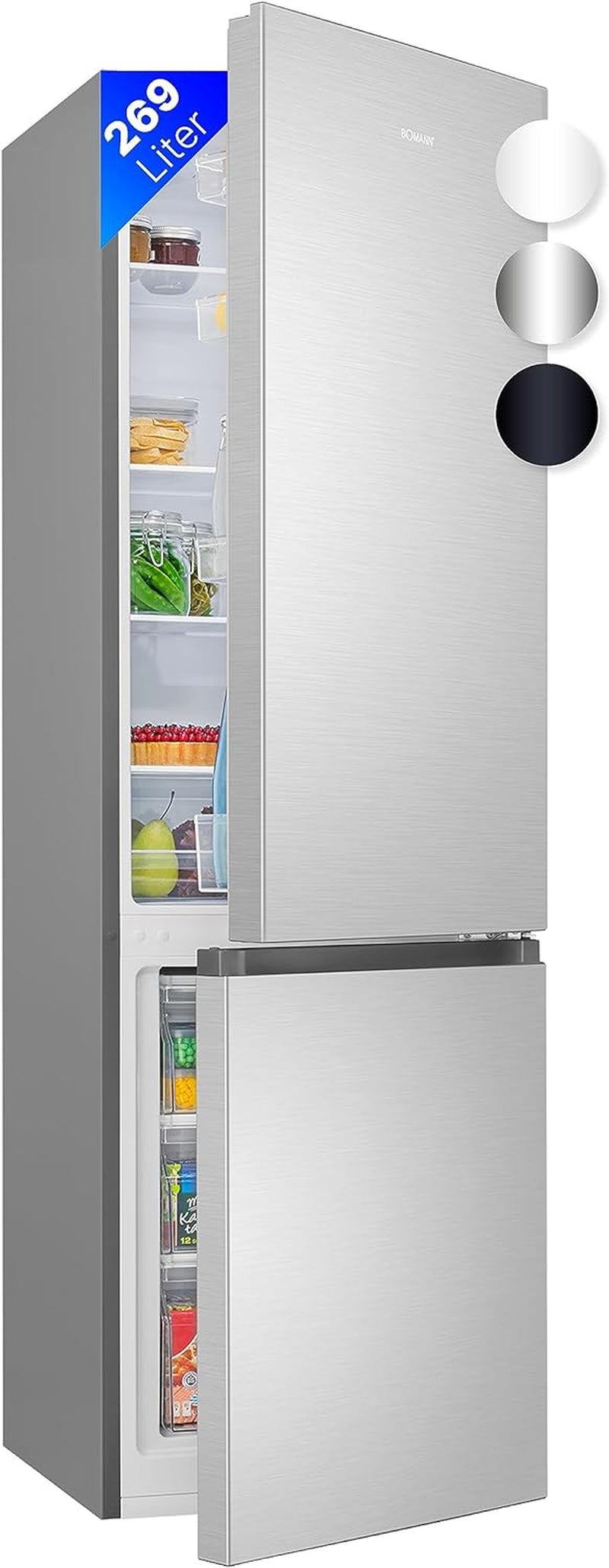 Bomann Réfrigérateur Et Congélateur 269L Inox Kg184-1-Inox, Capacité Nette : 269 Litres, Contrôle De La Température En Continu, Charnières De Porte À Droite, Interchangeables