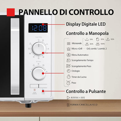 MW2-AG23P(WH) 3-En-1 Four À Micro-Ondes Avec Gril 1050 W Et Cuisson Combinée, 23 L, Plaque Tournante Avec Mémoire De Position, Minuteur, Lumières LED Intégrées, 900 W, Blanc
