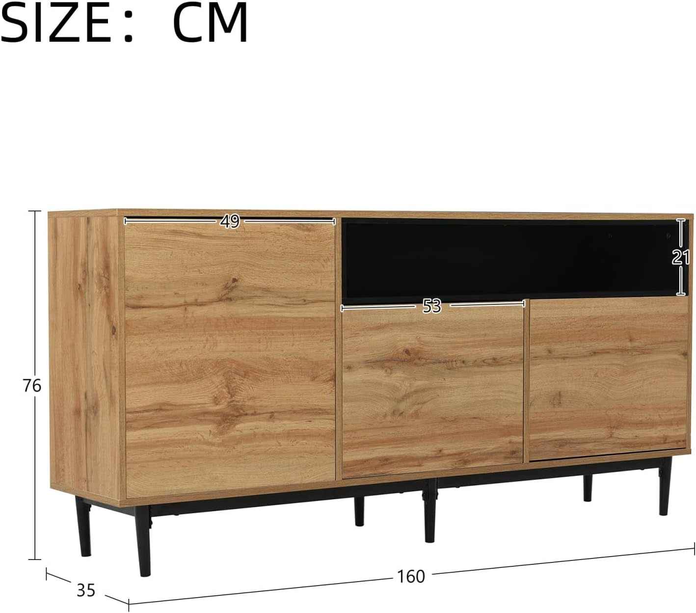 Buffet Moderne En Grain De Bois, Armoire De Rangement À 3 Portes Et Compartiment Ouvert, Noir, Multifonction Pour Salon, Chambre À Coucher, Cuisine (Naturel-C)