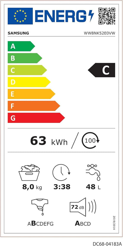 Addwash™ WW8NK52E0VW/ET Machine À Laver Slim Addwash™ WW8NK52E0VW/ET, Libre Installation, 8 Kg, 1200 Tr/Min, Classe C, Vapeur, Charge Avant, 60 L X 85 H X 45 P Cm