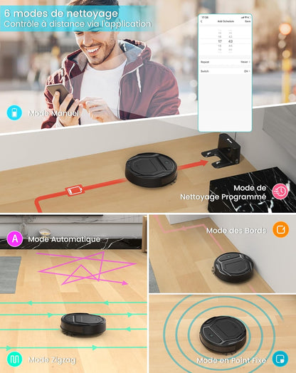 Aspirateur Robot, Robot Aspirateur Mince Silencieux Connecté Avec Wifi/Bluetooth/Alexa/App, 6 Modes De Nettoyage, Auto-Charge, 120Min D'Autonomie, Idéal Pour Poils D'Animaux Sols Durs, M210P