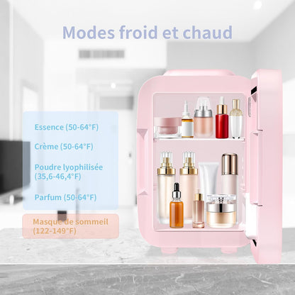 Mini Frigo Pour Chambre, Frigo Skincare Avec Miroir LED, Petit Frigo De 4L Portable, Thermoelectrique Chauffe & Refroidisseur 220V AC / 12V DC Pour Voiture, Bureau, Dortoir (Rose)