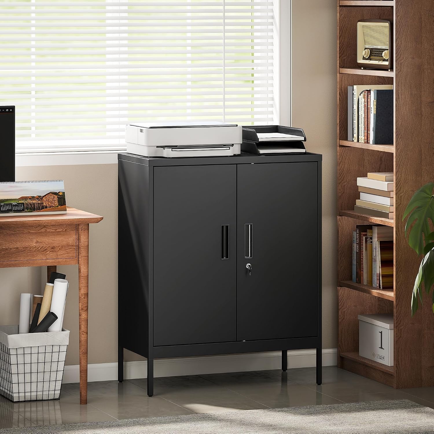 Armoire De Bureau Métallique Avec Serrure 80 X 40 X 100 Cm Noir | Meuble De Rangement En Acier, 2 Portes, 2 Étagères Réglables, Classeur Rangement Documents Industriel, Bureau Ou Garage