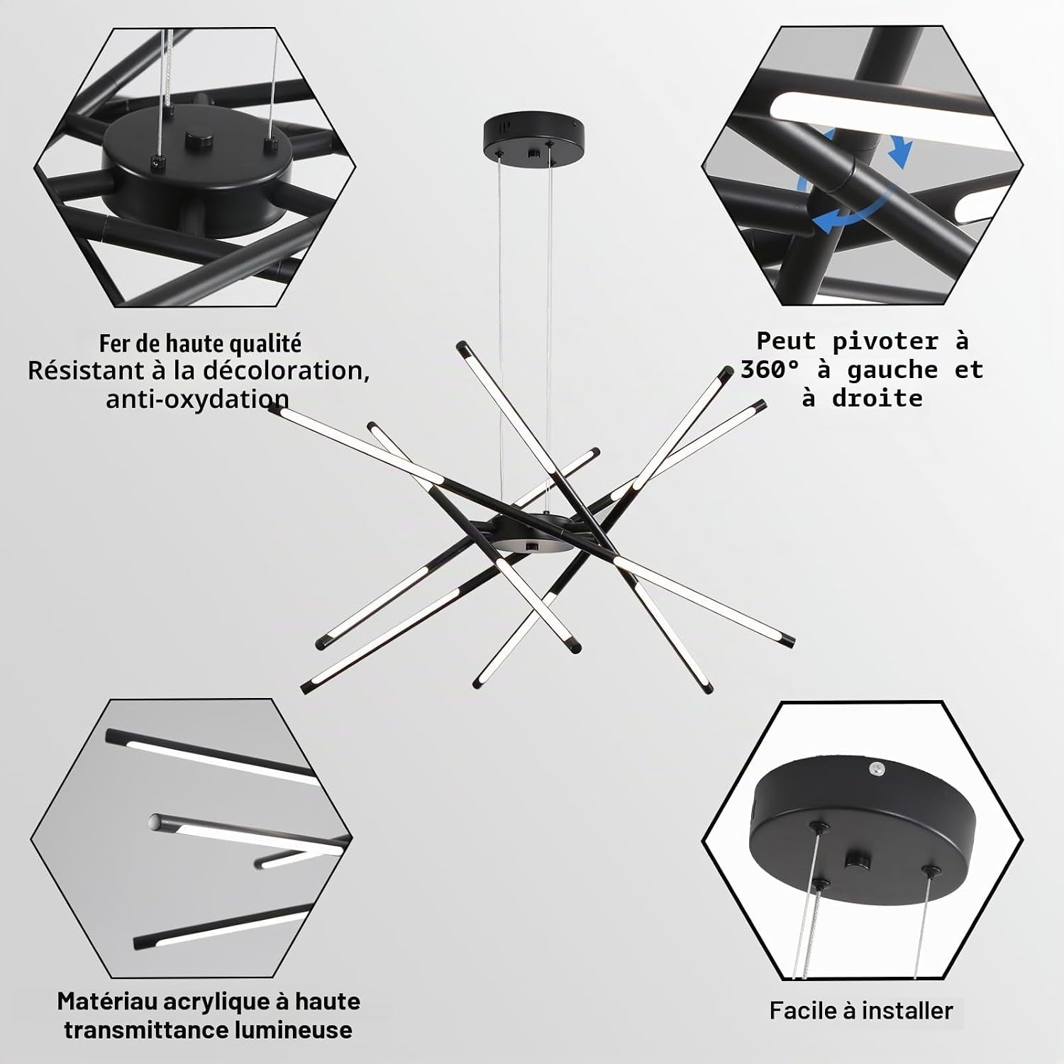 Lustre Moderne À LED Spoutnik, Noir/Doré, Plafonnier Industriel À Suspendre Avec 12 Têtes Pour Salon, Salle À Manger, Cuisine, Chambre À Coucher