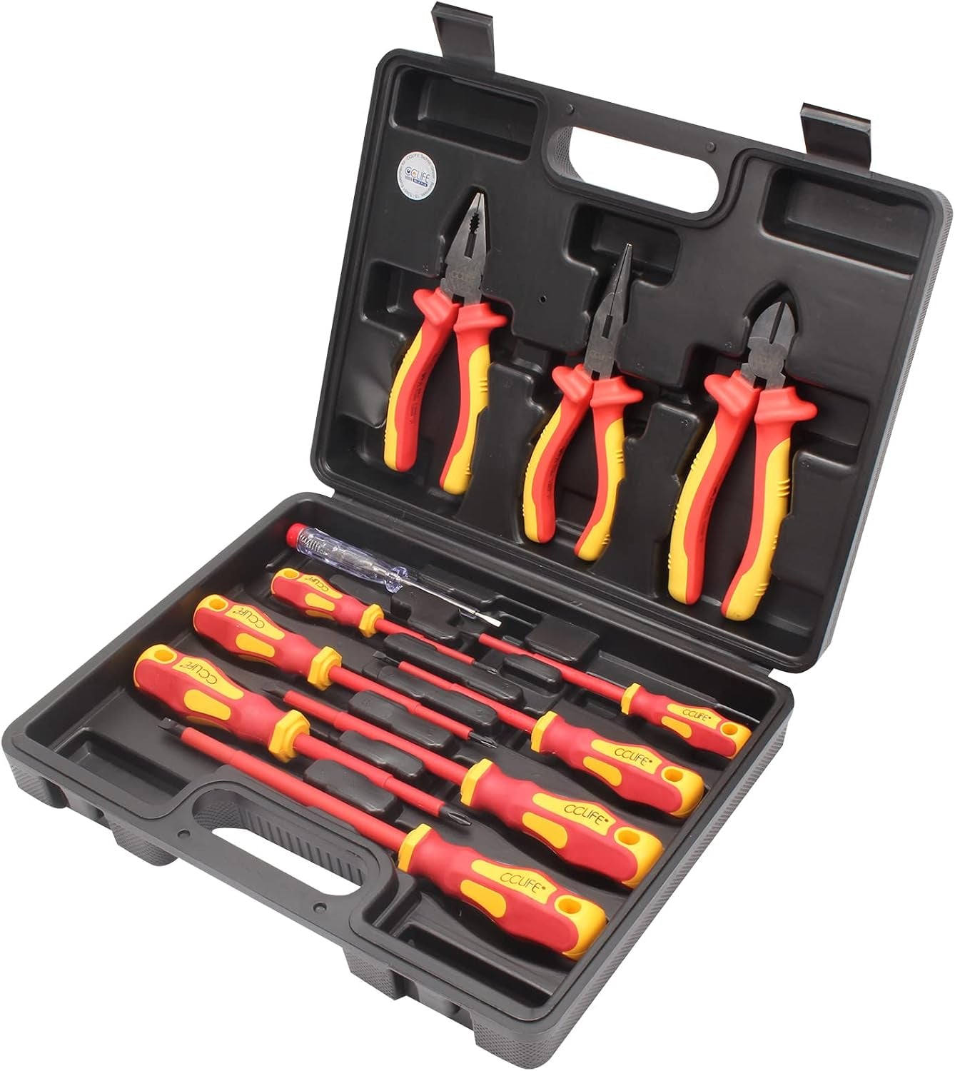 Jeu De 11Pcs VDE Tournevis Et Pinces Outils Électricien Isolé 1000V Avec Testeur De Tension, Coffret Tournevis Tête Plats Et PH Cruciformes, Poignée En Caoutchouc Antidérapante | Avec Testeur De Tension, Tournevis À Fente Et Phillips Ainsi Que Pinces VDE